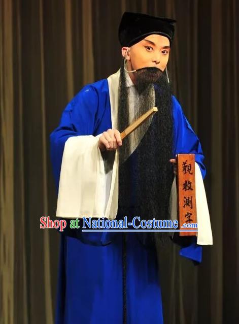 Chinese Kun Opera Elderly Male Blue Robe Costumes Fifteen Strings of Cash Garment and Headwear Kunqu Opera Soothsayer Apparels Clothing