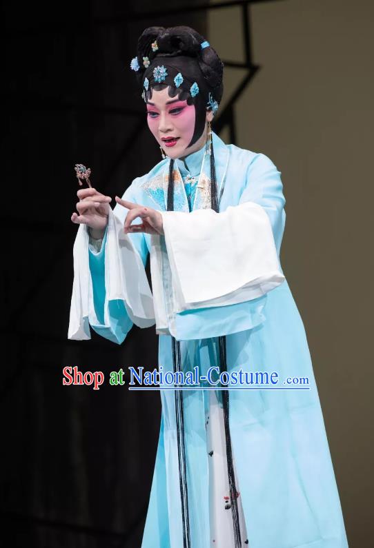 Chinese Kun Opera Hua Tan Li Ruoshui Blue Dress Costumes and Headpieces Heros Kunqu Opera Actress Young Female Garment Apparels