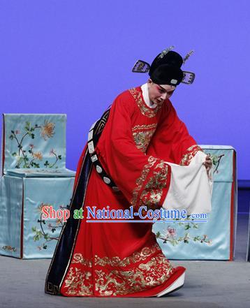 On A Wall and Horse Chinese Kun Opera Scholar Pei Shaojun Garment Costumes and Headwear Kunqu Opera Young Male Apparels Clothing Red Embroidered Robe