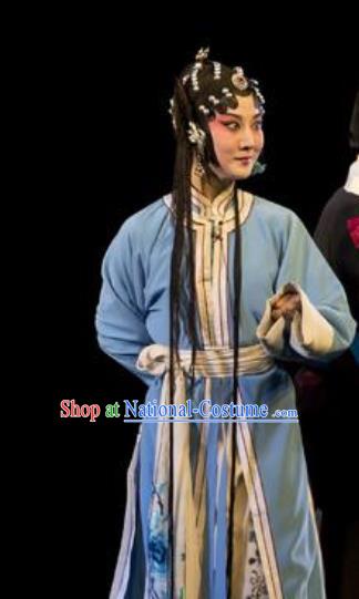 Chinese Kun Opera Young Female Blue Dress Apparels Costumes and Headpieces Lan Ke Mountain Kunqu Opera Hua Tan Garment