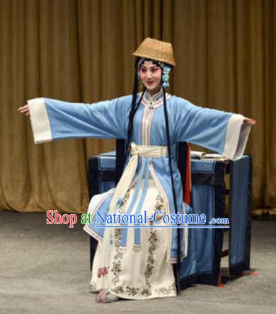 Chinese Kun Opera Country Woman Blue Dress Apparels Costumes and Headpiece Lan Ke Mountain Kunqu Opera Mistress Cui Garment