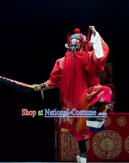 Burning Incense Chinese Kun Opera Wusheng Red Apparels Garment Costumes and Headwear Kunqu Opera Warrior Clothing