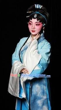 Chinese Kun Opera Actress Blue Dress Costumes and Headdress Meng Jiangnv Sends Winter Clothes Kunqu Opera Young Female Garment Apparels