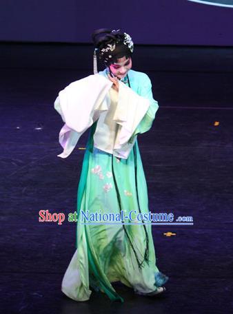 Chinese Kun Opera Hua Tan Li Daiyu Green Dress Apparels Costumes and Headpieces Dream of Red Mansions Kunqu Opera Noble Lady Actress Garment