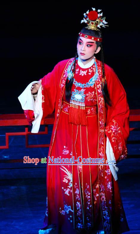 Chinese Kun Opera Young Male Red Apparels and Headwear Dream of Red Mansions Jia Baoyu Garment Costumes Kunqu Opera Niche Clothing