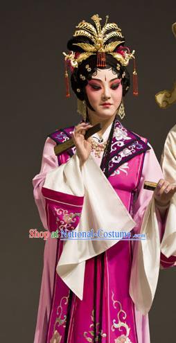 Chinese Kun Opera Noble Lady Wang Xifeng Apparels Costumes and Headdress Dream of Red Mansions Kunqu Opera Hua Tan Rosy Dress Garment