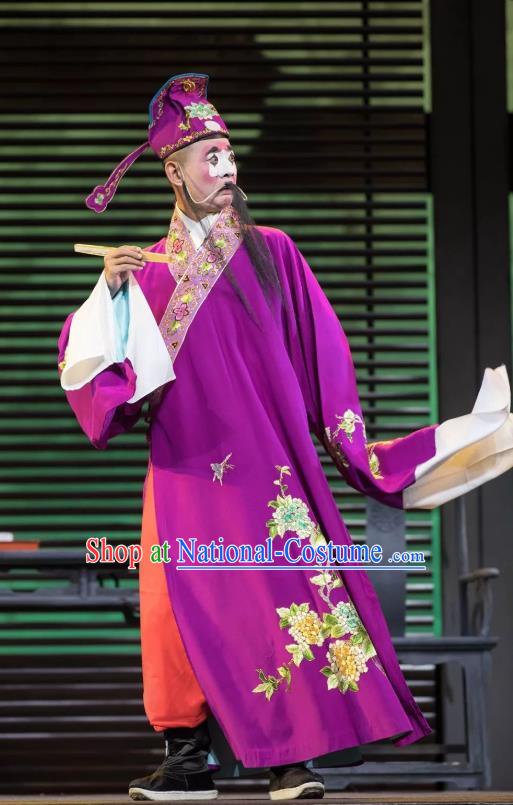 Chinese Kun Opera Chou Apparels Garment Costumes and Headwear the Legend of Washing the Silk Gauze Kunqu Opera Clown Purple Clothing