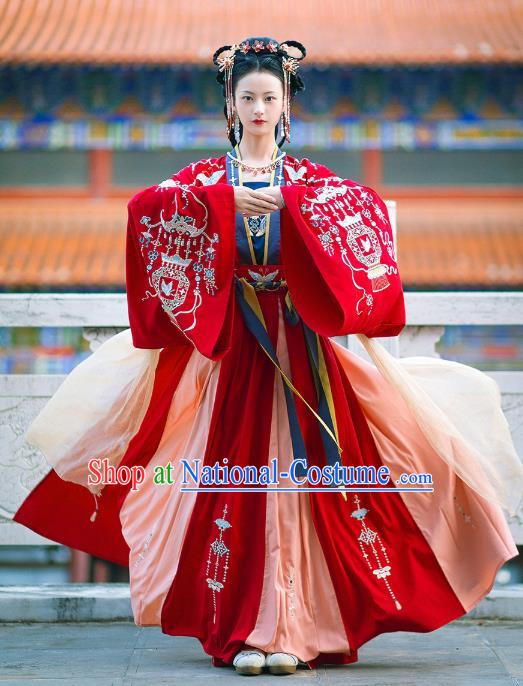 Chinese Ancient Tang Dynasty Palace Lady Historical Costumes Princess Embroidered Garment Traditional Red Hanfu Dress Complete Set