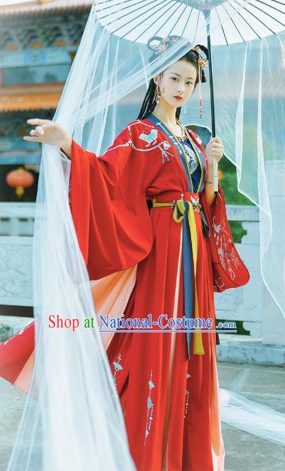 Chinese Ancient Tang Dynasty Palace Lady Historical Costumes Princess Embroidered Garment Traditional Red Hanfu Dress Complete Set