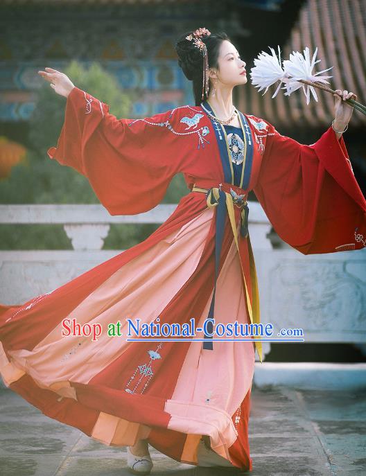 Chinese Ancient Tang Dynasty Palace Lady Historical Costumes Princess Embroidered Garment Traditional Red Hanfu Dress Complete Set