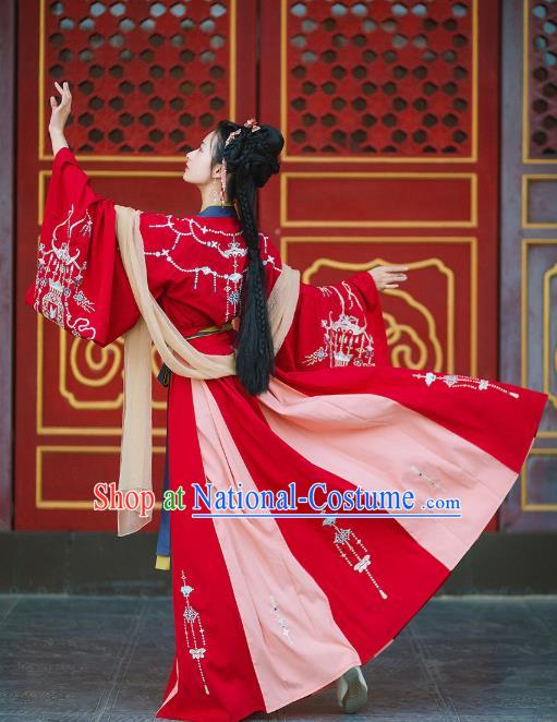 Chinese Ancient Tang Dynasty Palace Lady Historical Costumes Princess Embroidered Garment Traditional Red Hanfu Dress Complete Set