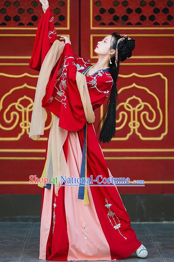 Chinese Ancient Tang Dynasty Palace Lady Historical Costumes Princess Embroidered Garment Traditional Red Hanfu Dress Complete Set