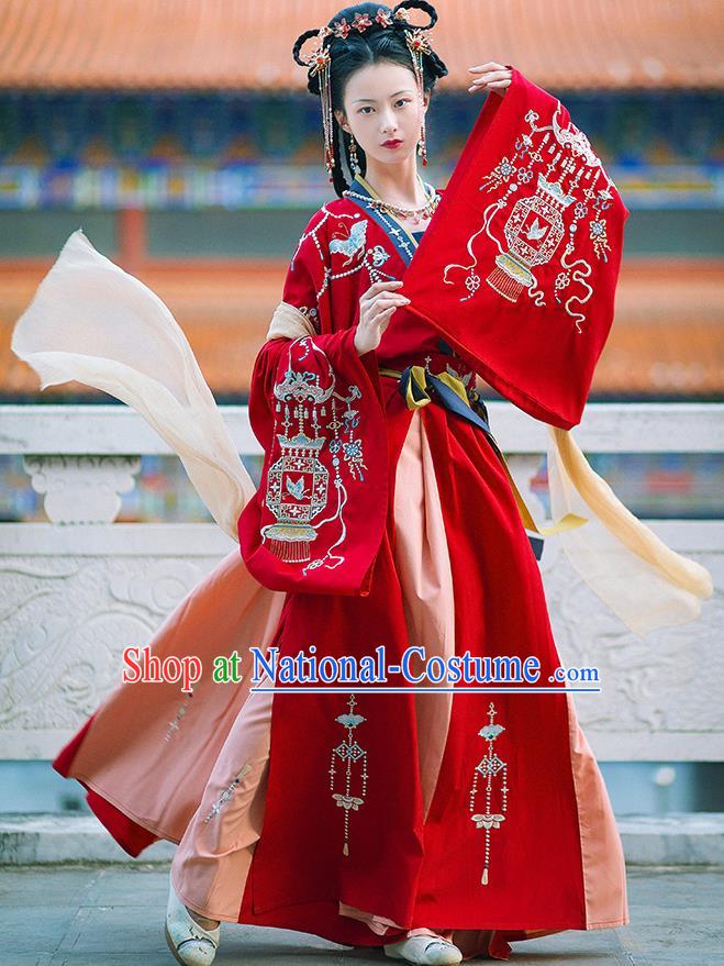 Chinese Ancient Tang Dynasty Palace Lady Historical Costumes Princess Embroidered Garment Traditional Red Hanfu Dress Complete Set