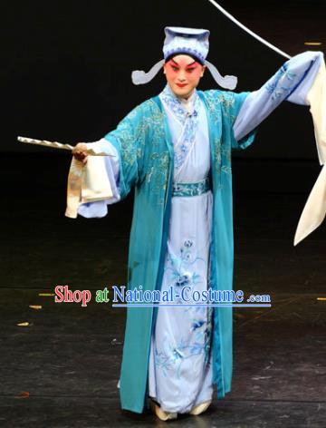 Chinese Kun Opera Noble Childe Jia Lian Apparels and Headwear Dream of Red Mansions Garment Costumes Kunqu Opera Young Male Blue Clothing