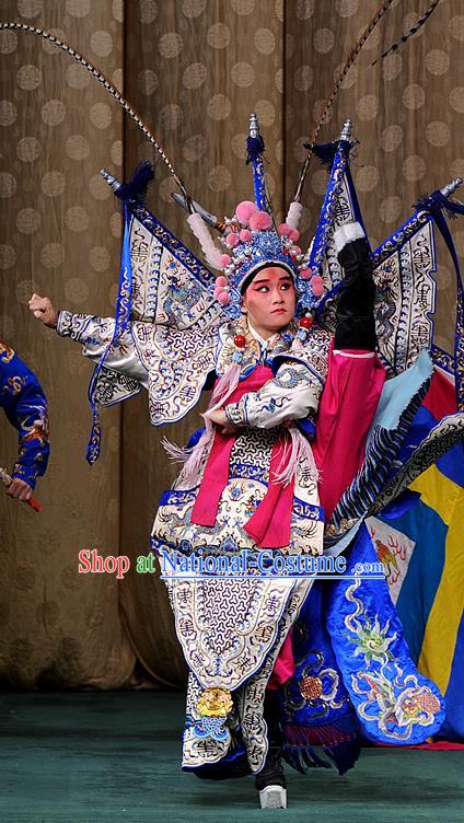 Interlocking Stratagem Chinese Kun Opera Martial Soldier Lv Bu Apparels Garment Costumes and Headwear Kunqu Opera General Kao Armor Suit with Flags