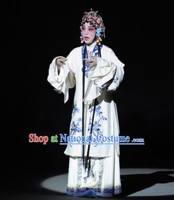 Chinese Kun Opera Young Female White Dress Apparels Costumes and Headdress The Tale of Handan Kunqu Opera Diva Garment