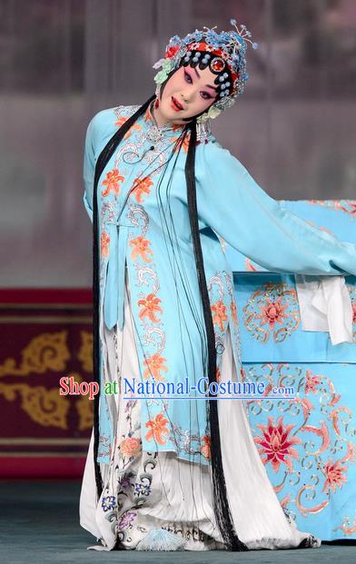 Chinese Kun Opera Hua Tan Du Liniang Blue Dress Apparels and Headdress Dream in The Garden Traditional Kunqu Opera Garment Actress Costumes