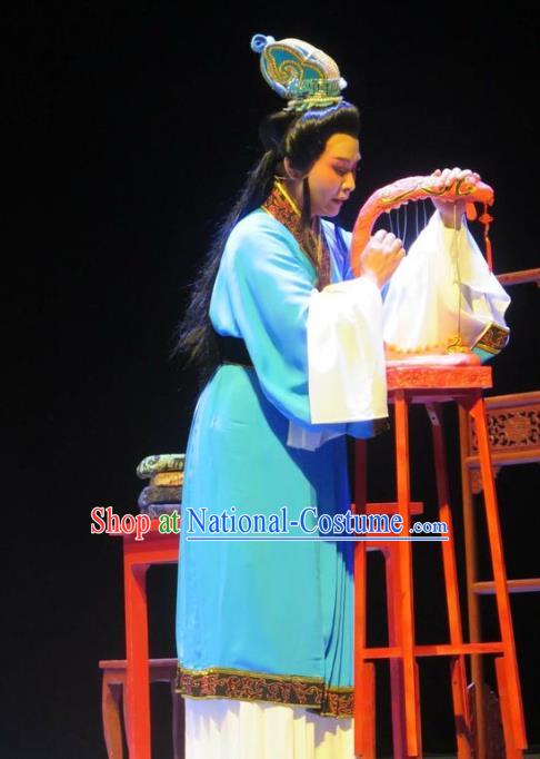 Chinese Shaoxing Opera Young Male Garment Yue Opera The Peacocks Fly To The Southeast Apparels Scholar Jiao Zhongqing Blue Costumes and Headwear