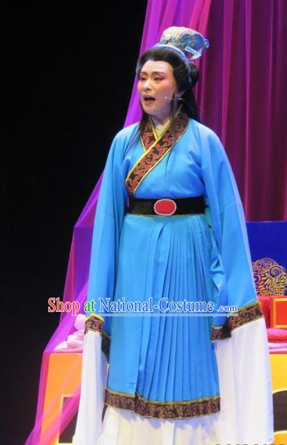 Chinese Shaoxing Opera Young Male Garment Yue Opera The Peacocks Fly To The Southeast Apparels Scholar Jiao Zhongqing Blue Costumes and Headwear