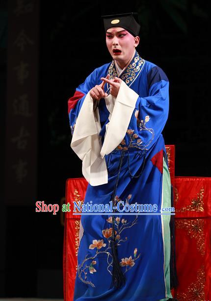 Xiu Ru Ji Chinese Kun Opera Xiaosheng Costumes and Headwear Kunqu Opera Young Male Garment Apparels Scholar Zheng Yuanhe Blue Robe