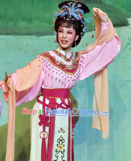 Chinese Shaoxing Opera Goddess Maiden Pi Shan Jiu Mu Apparels Costumes Yue Opera Actress Hua Tan Dress Garment and Headpieces