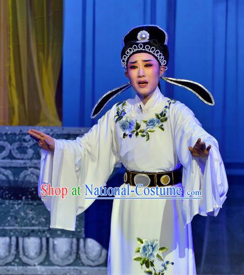 Chinese Yue Opera Scholar Liu Yanchang Apparels Pi Shan Jiu Mu Garment Shaoxing Opera Young Male Costumes Xiao Sheng White Embroidered Robe and Hat