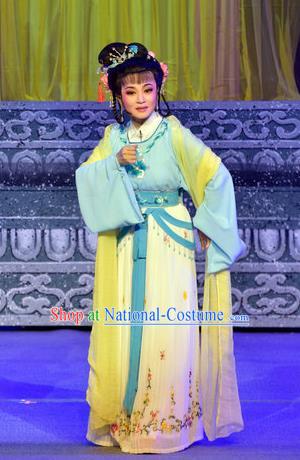 Chinese Shaoxing Opera Young Lady Pi Shan Jiu Mu Apparels Costumes Yue Opera Actress Dress Maidservant Wang Guiying Garment and Hair Ornaments