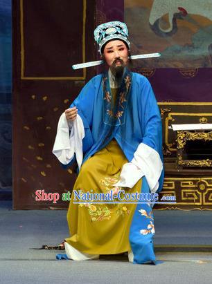 Chinese Yue Opera Middle Aged Men Apparels Pi Shan Jiu Mu Garment Shaoxing Opera Costumes Liu Yanchang Embroidered Robe and Hat