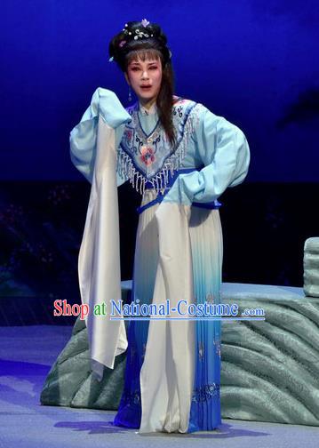 Chinese Shaoxing Opera Female Costumes Pi Shan Jiu Mu Apparels Yue Opera Actress Blue Dress Goddess Garment and Hair Accessories