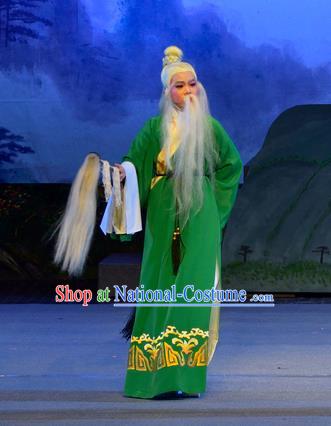 Chinese Yue Opera Elderly Male Apparels Pi Shan Jiu Mu Garment Shaoxing Opera Costumes Lao Sheng Earth God Green Robe and Headdress