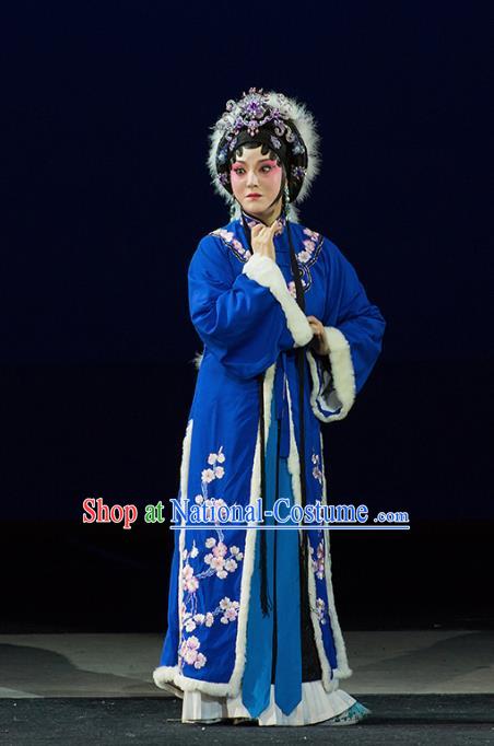 Chinese Kun Opera Distress Maiden Blue Apparels Costumes and Headdress Continue the Pipa Traditional Kunqu Opera Litteratrice Cai Wenji Dress Garment