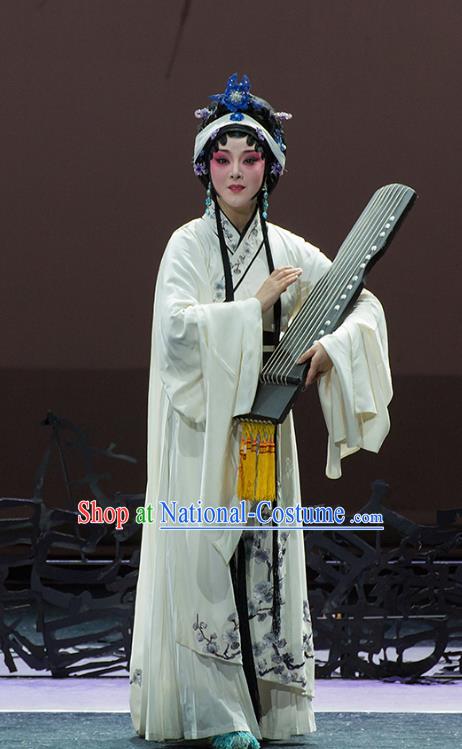 Chinese Kun Opera Tsing Yi Actress Apparels Costumes and Headdress Continue the Pipa Traditional Kunqu Opera Distress Maiden White Dress Garment