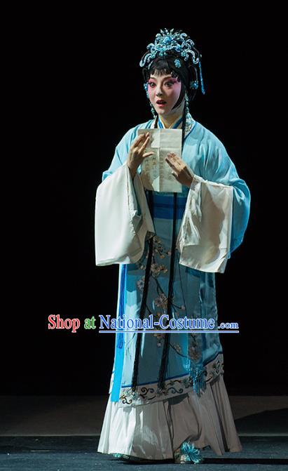 Chinese Kun Opera Young Woman Blue Dress Apparels Costumes and Hair Accessories Continue the Pipa Traditional Kunqu Opera Hua Tan Cai Wenji Garment