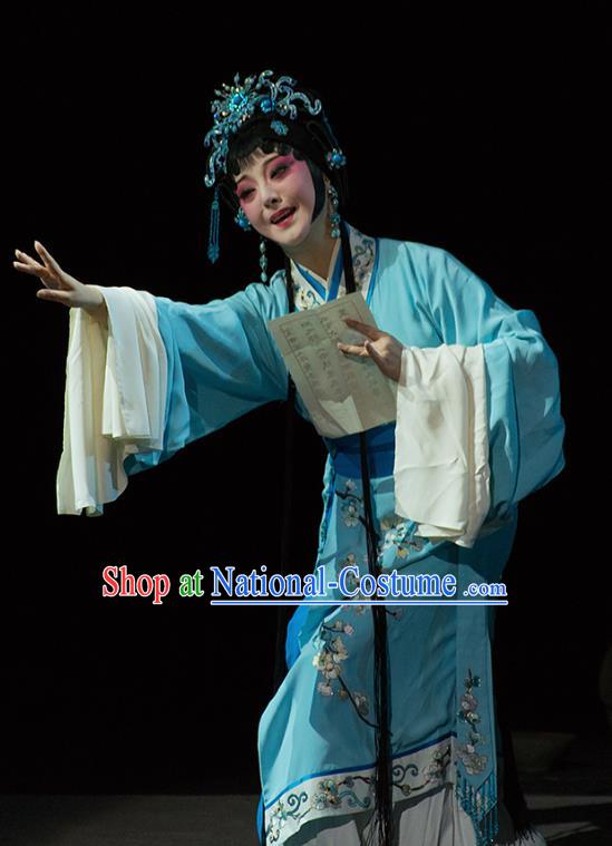 Chinese Kun Opera Young Woman Blue Dress Apparels Costumes and Hair Accessories Continue the Pipa Traditional Kunqu Opera Hua Tan Cai Wenji Garment