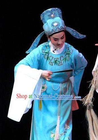 Chinese Yue Opera Rich Niche Apparels Yu Qing Ting Shaoxing Opera Young Male Costumes Scholar Shen Guisheng Blue Garment and Headwear