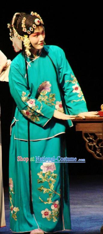 Chinese Kun Opera Hua Tan Costumes Apparels and Headdress Green Peony Traditional Kunqu Opera Actress Young Beauty Che Jingfang Dress Garment