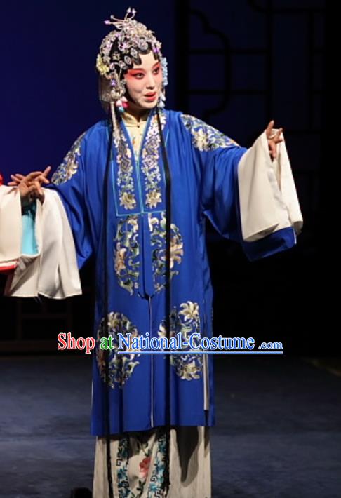 Chinese Kun Opera Noble Female Costumes Apparels and Headdress Feng Zheng Wu Traditional Kunqu Opera Hua Tan Blue Dress Garment