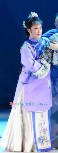 Chinese Huangmei Opera Young Female Purple Costumes Apparels and Headpieces Bu Yue Lei Chi Traditional Anhui Opera Actress Li Niang Dress Garment