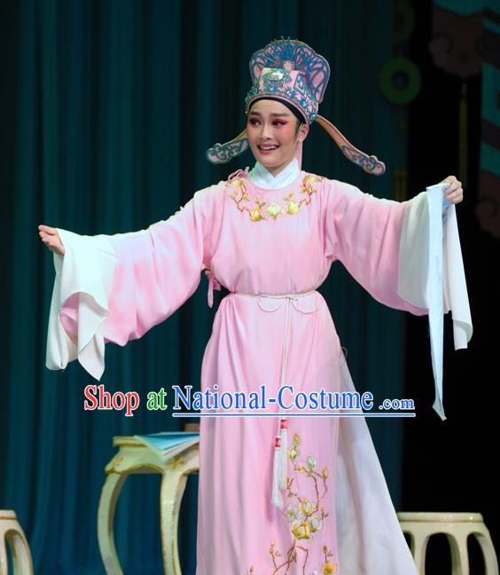 Chinese Yue Opera Nobility Childe Apparels Yu Qing Ting Shaoxing Opera Young Male Costumes Scholar Shen Guisheng Garment Pink Embroidered Robe and Hat