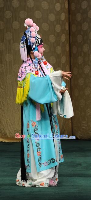 Chinese Kun Opera Court Maid Costumes Apparels and Headdress Yu Jia Le Traditional Kunqu Opera Actress Blue Dress Garment