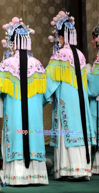 Chinese Kun Opera Court Maid Costumes Apparels and Headdress Yu Jia Le Traditional Kunqu Opera Actress Blue Dress Garment