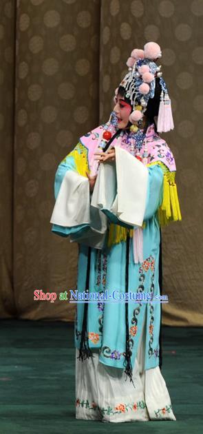 Chinese Kun Opera Court Maid Costumes Apparels and Headdress Yu Jia Le Traditional Kunqu Opera Actress Blue Dress Garment