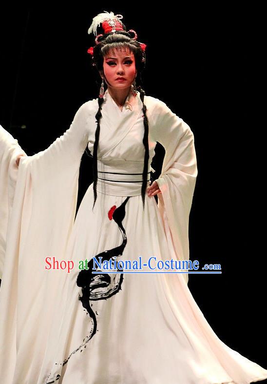 Chinese Huangmei Opera Goddess A Ling Costumes Apparels and Headpieces Qian Yu Jin Traditional Anhui Opera Actress White Dress Garment