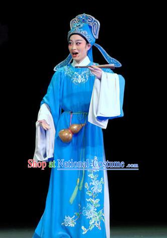 Chinese Yue Opera Scholar Blue Apparels Yu Qing Ting Shen Guisheng Shaoxing Opera Xiao Sheng Costumes Young Male Garment Embroidered Robe and Hat