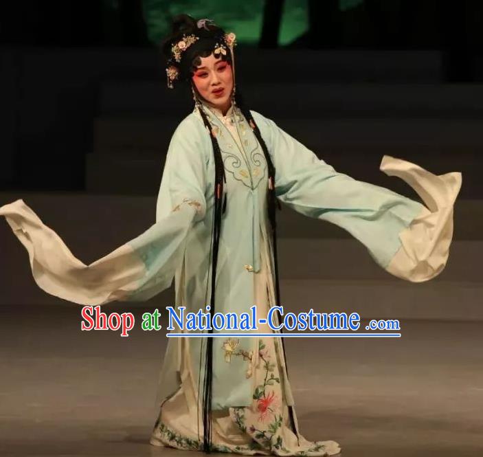 Traditional Chinese Kun Opera Young Beauty Apparels Costumes and Headpieces Zhu Meng Ji Traditional Kunqu Opera Hua Tan Blue Dress Garment