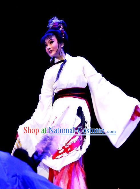 Chinese Huangmei Opera Young Lady Costumes Apparels and Headdress Qian Yu Jin Traditional Anhui Opera Actress A Ling Dress Garment