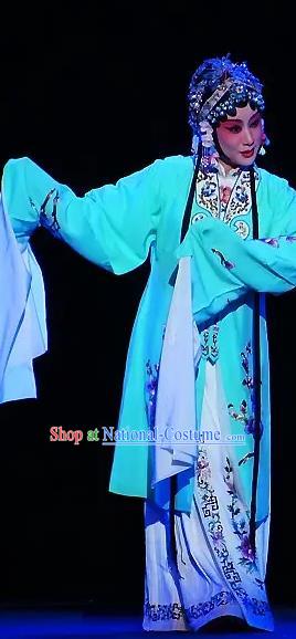 Chinese Kun Opera Rich Lady Bi Tao Costumes and Headdress The Legend of Hairpin Traditional Kunqu Opera Hua Tan Blue Garment Apparels