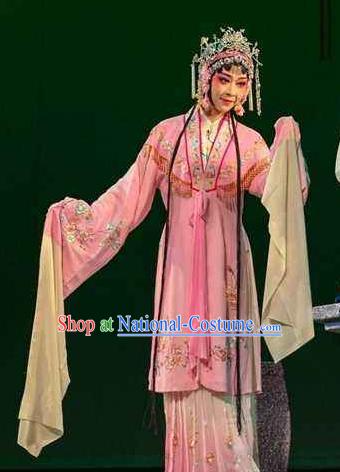 Chinese Shaoxing Opera Rich Female Costumes The Pearl Tower Apparels Yue Opera Garment Young Lady Su E Pink Dress and Headdress