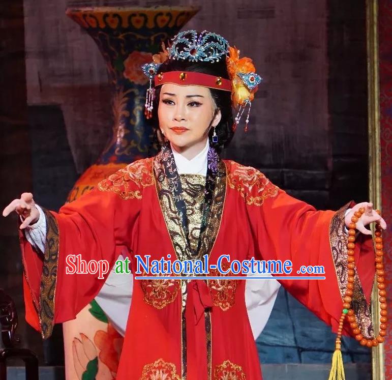 Chinese Shaoxing Opera Middle Age Female Costumes The Pearl Tower Apparels Yue Opera Garment Rich Dame Red Dress and Headdress