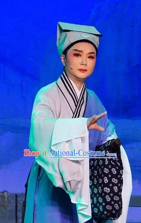 Chinese Yue Opera Niche Poor Scholar Apparels The Pearl Tower Shaoxing Opera Xiao Sheng Costumes Young Male Garment Blue Robe and Hat